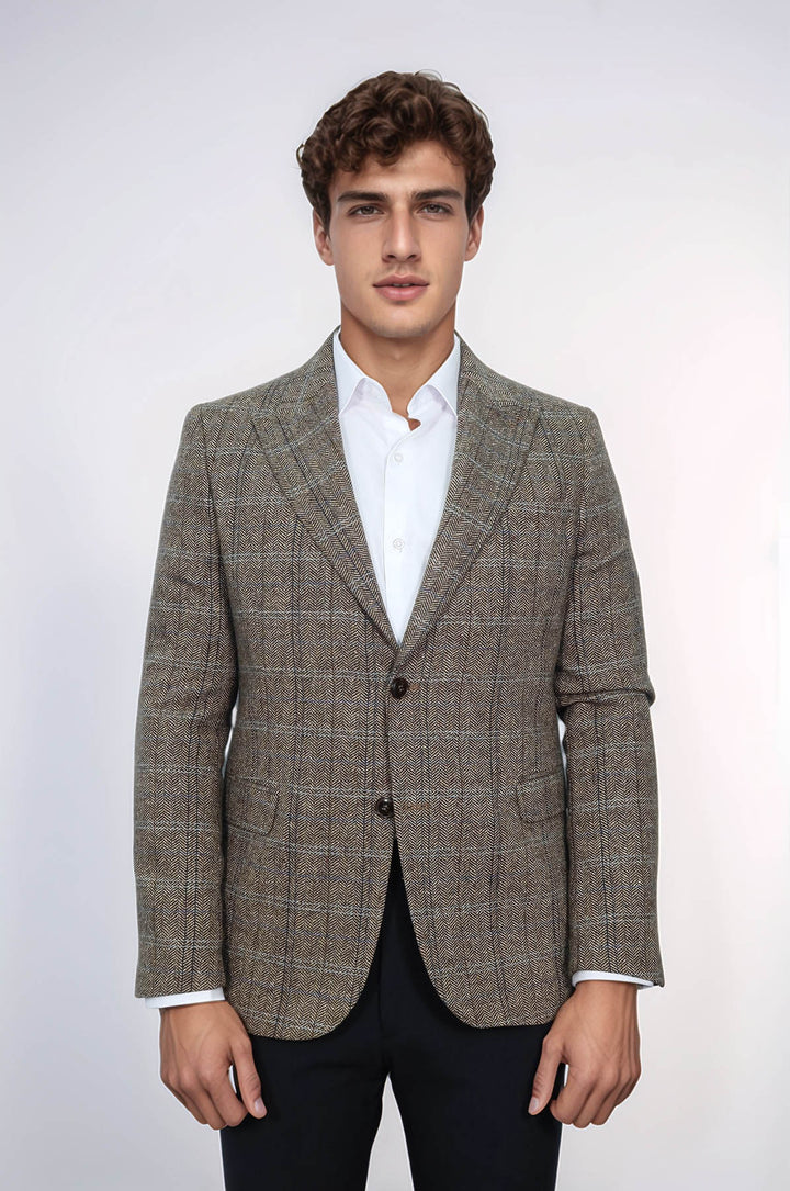 Balıksırtı Desen Slim Fit Yün Kahverengi Erkek Ceket - Wessi