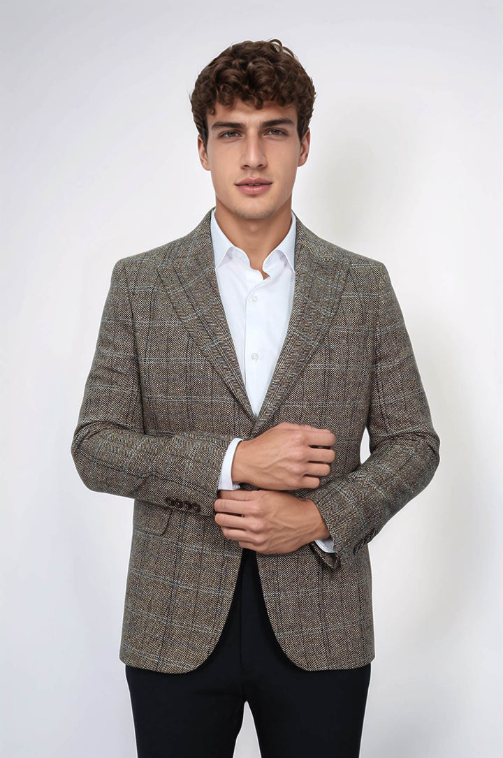 Balıksırtı Desen Slim Fit Yün Kahverengi Erkek Ceket - Wessi