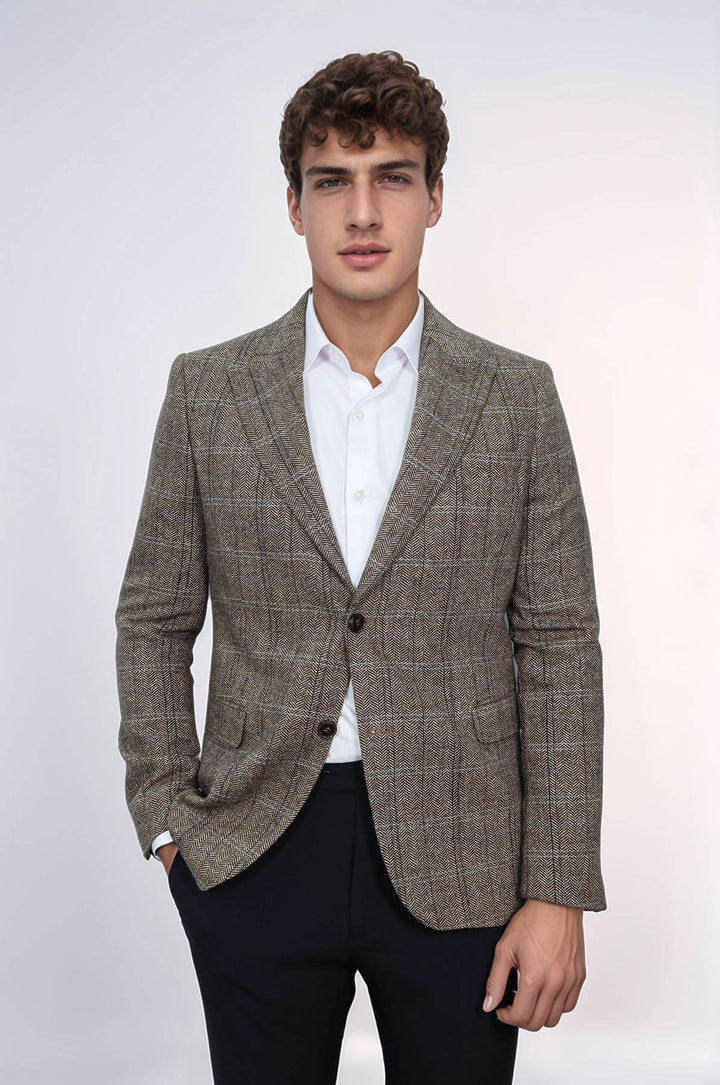 Balıksırtı Desen Slim Fit Yün Kahverengi Erkek Ceket - Wessi