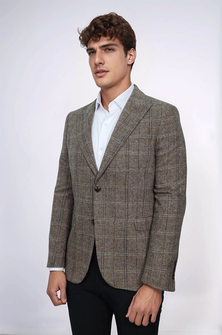 Balıksırtı Desen Slim Fit Yün Kahverengi Erkek Ceket - Wessi