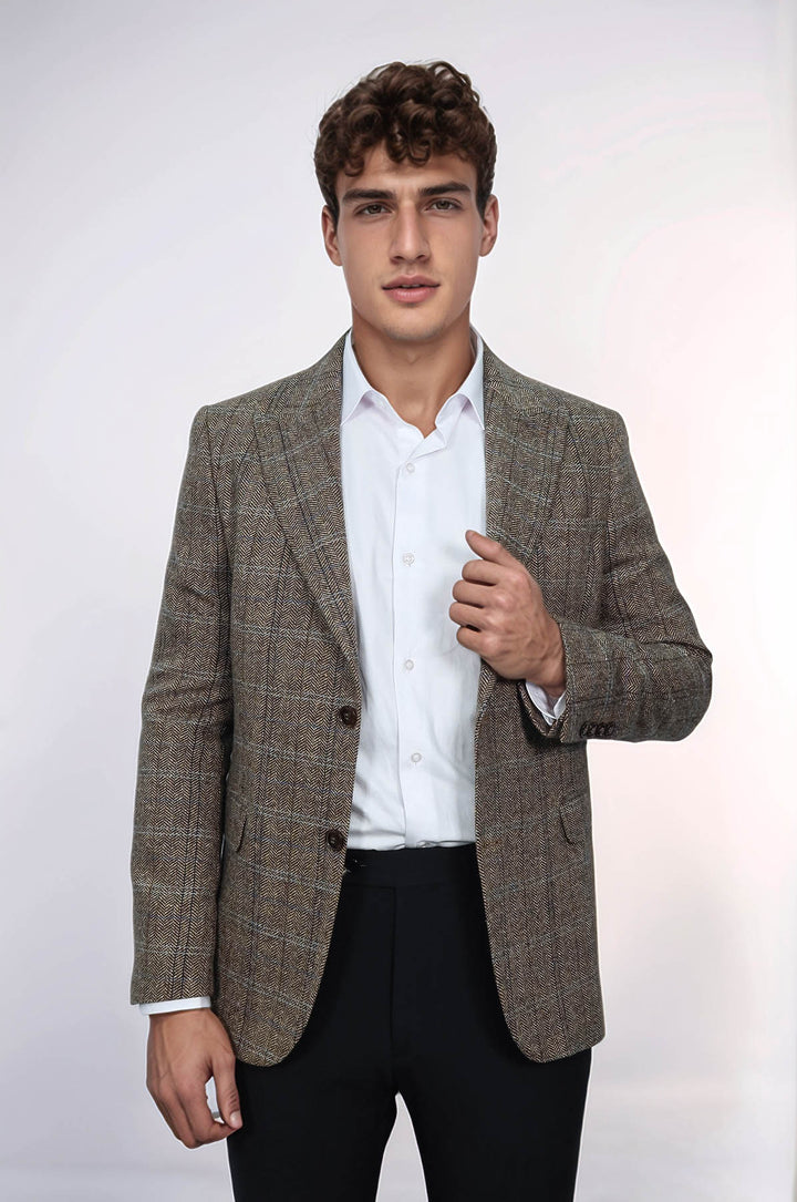 Balıksırtı Desen Slim Fit Yün Kahverengi Erkek Ceket - Wessi