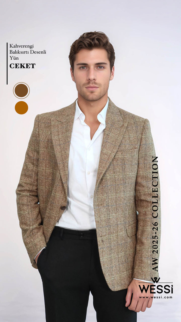 Balıksırtı Desen Slim Fit Yün Taba Erkek Ceket - Wessi