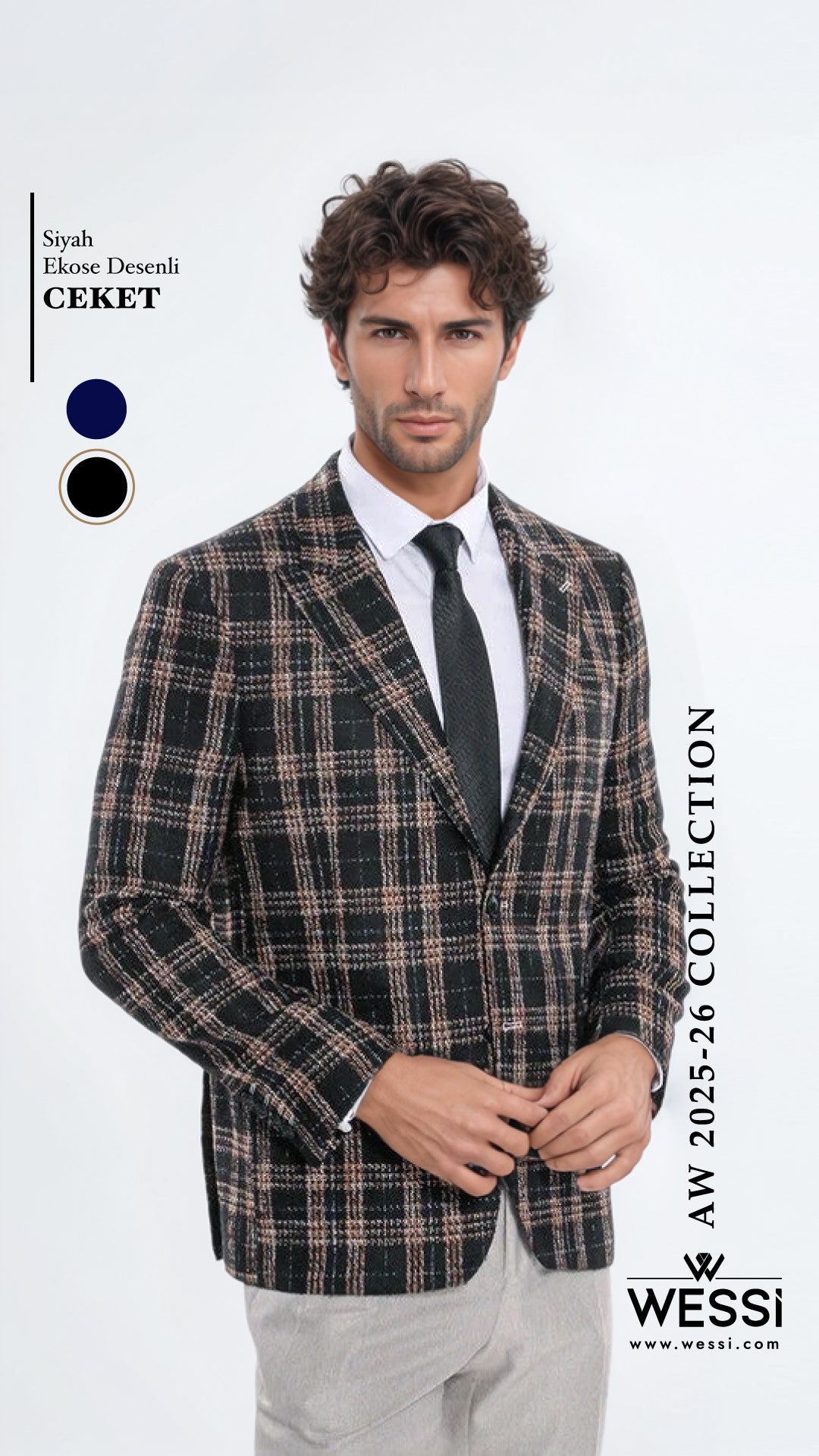 Ekose Desen Slim Fit Siyah Erkek Ceket - Wessi