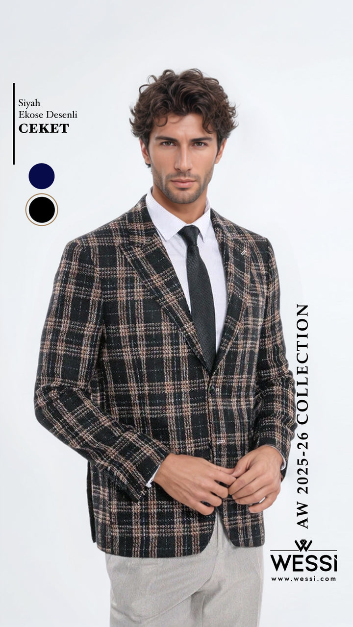 Ekose Desen Slim Fit Siyah Erkek Ceket - Wessi