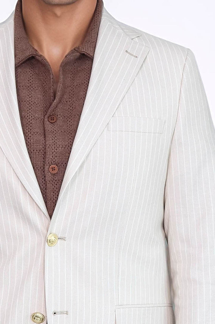 Krem Çizgili Keten Dokulu Gold Renk Metal Düğmeli Slim Fit Erkek Blazer Ceket – Wessi