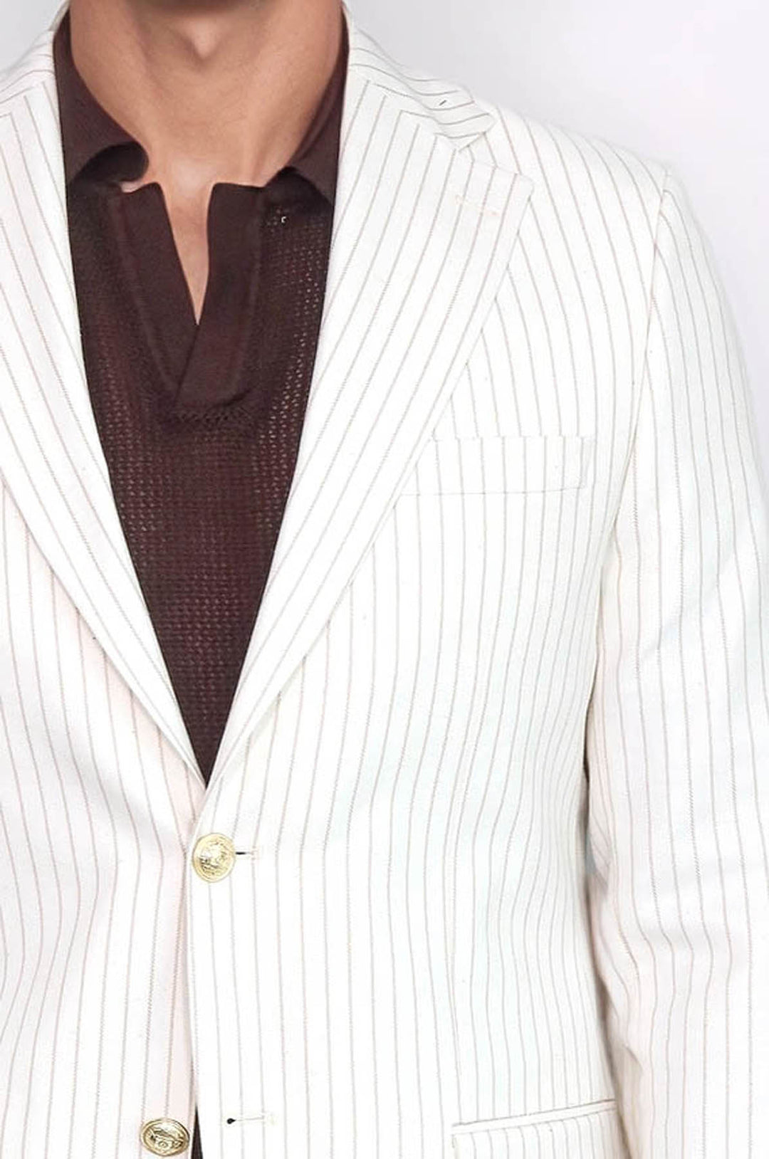 Ekru Çizgili Keten Dokulu Gold Renk Metal Düğmeli Slim Fit Erkek Blazer Ceket – Wessi