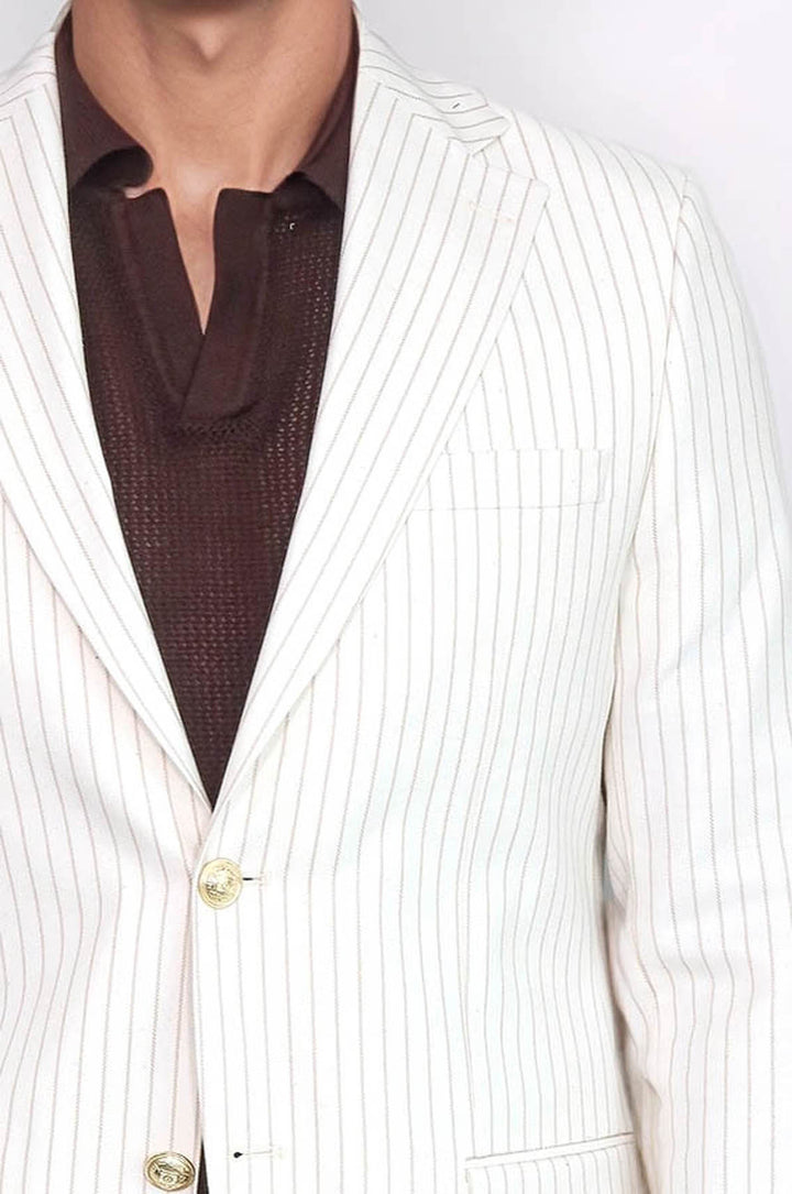 Ekru Çizgili Keten Dokulu Gold Renk Metal Düğmeli Slim Fit Erkek Blazer Ceket – Wessi