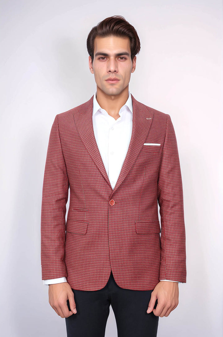 Kendinden Desenli Slim Fit Bordo Ceket - Wessi