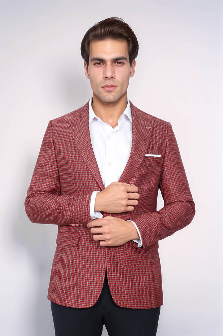 Kendinden Desenli Slim Fit Bordo Ceket - Wessi