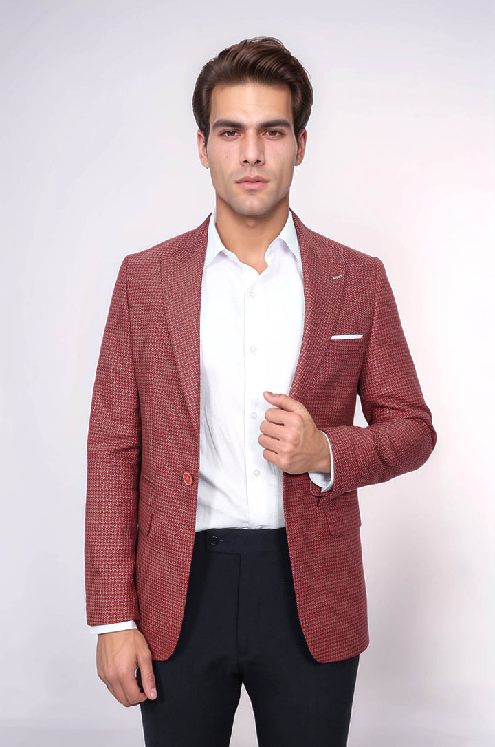 Kendinden Desenli Slim Fit Bordo Ceket - Wessi