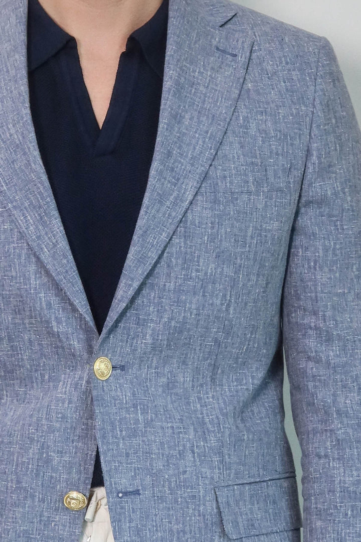 Koyu Mavi Keten Dokulu Gold Renk Metal Düğmeli Slim Fit Erkek Blazer Ceket - Wessi