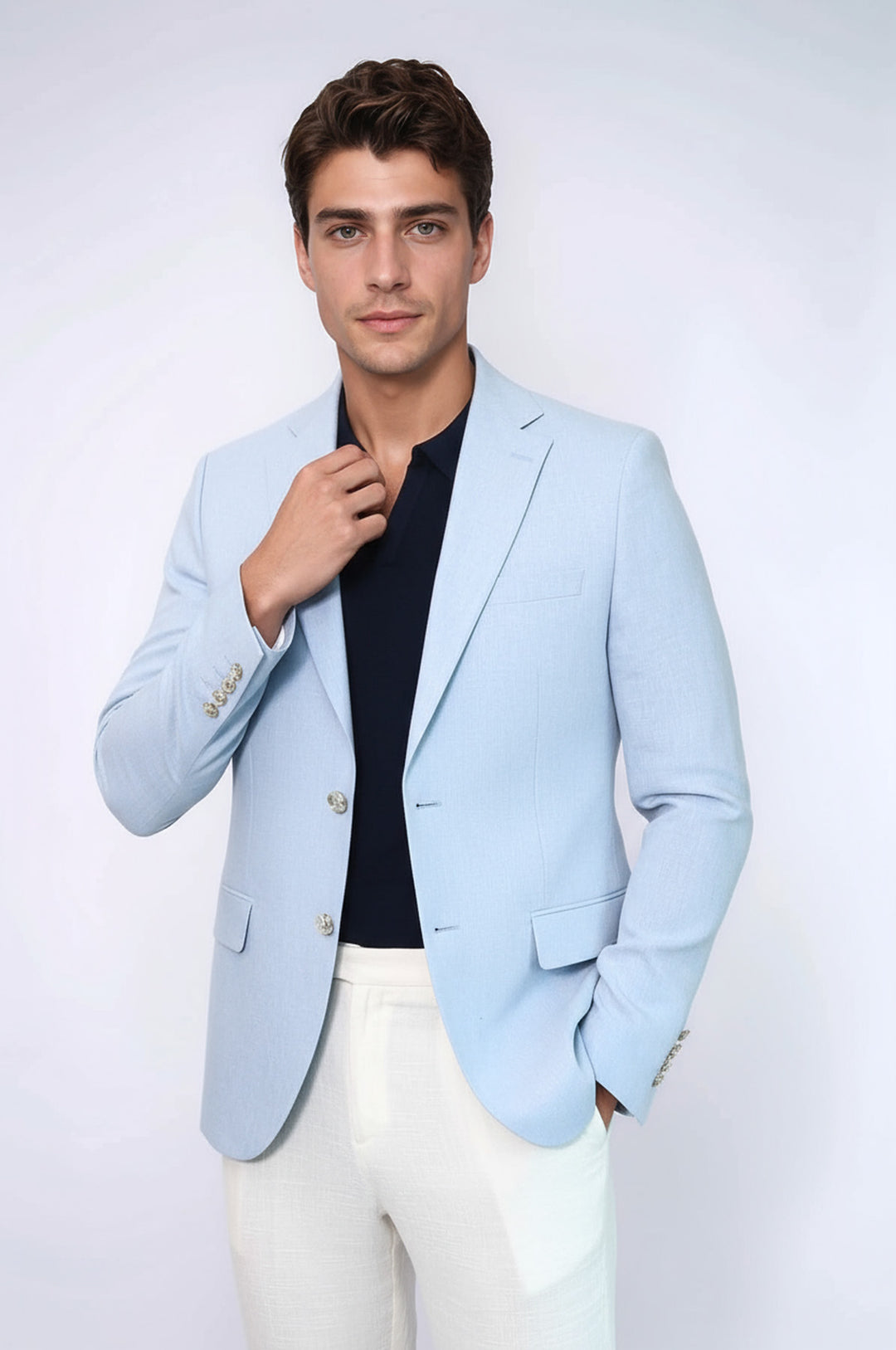 Açık Mavi Keten Dokulu Gold Renk Metal Düğmeli Slim Fit Erkek Blazer Ceket - Wessi
