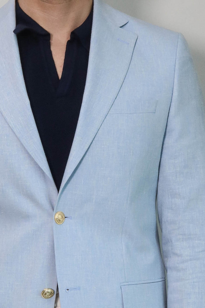 Açık Mavi Keten Dokulu Gold Renk Metal Düğmeli Slim Fit Erkek Blazer Ceket - Wessi