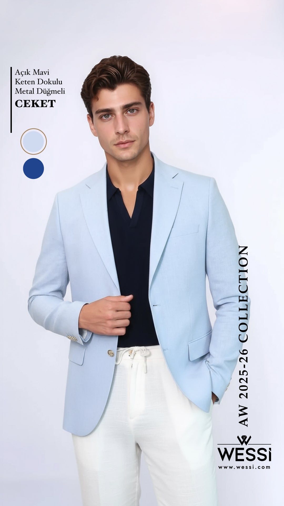 Açık Mavi Keten Dokulu Gold Renk Metal Düğmeli Slim Fit Erkek Blazer Ceket - Wessi