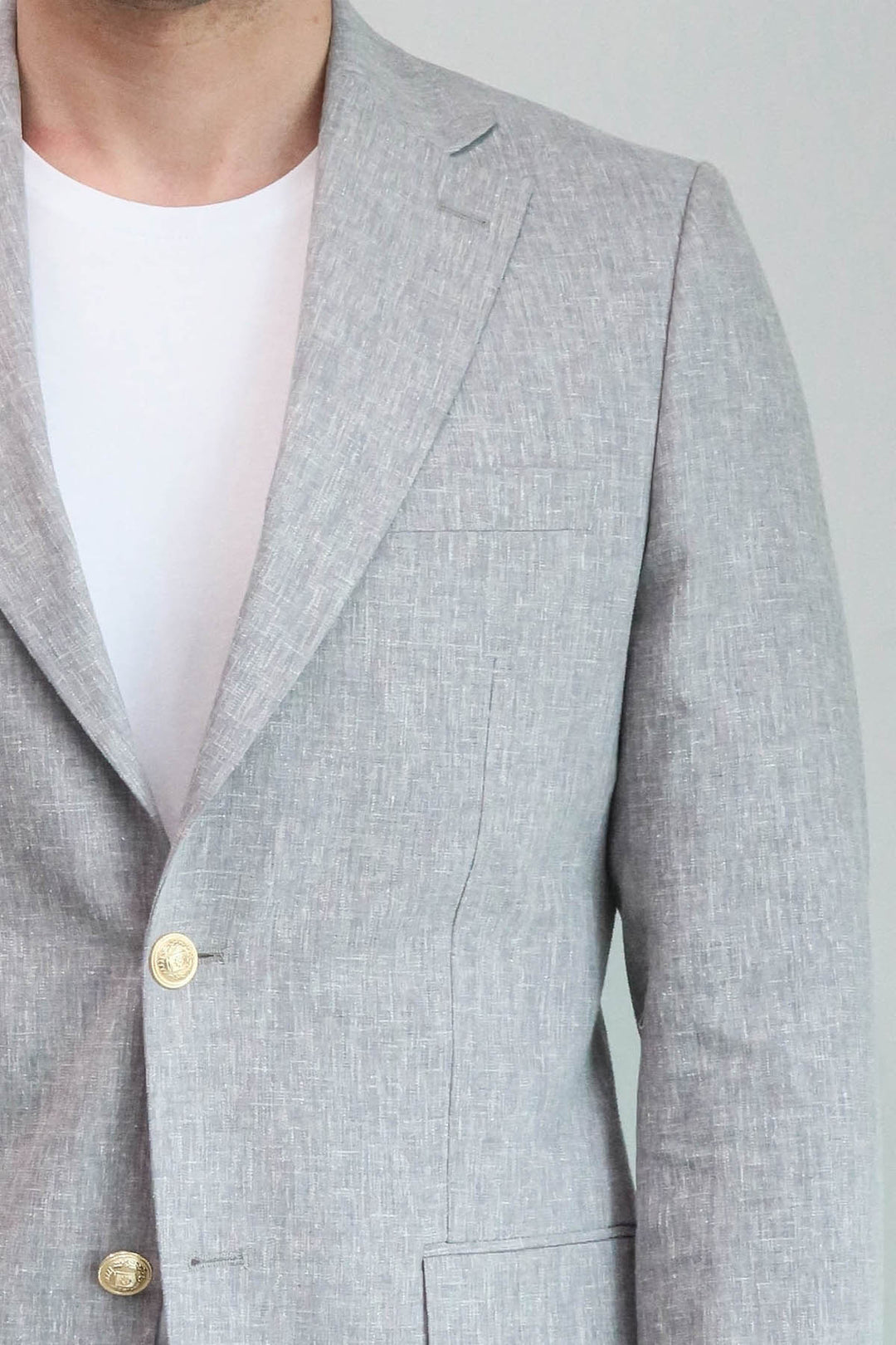 Gri Keten Dokulu Gold Renk Metal Düğmeli Slim Fit Erkek Blazer Ceket - Wessi