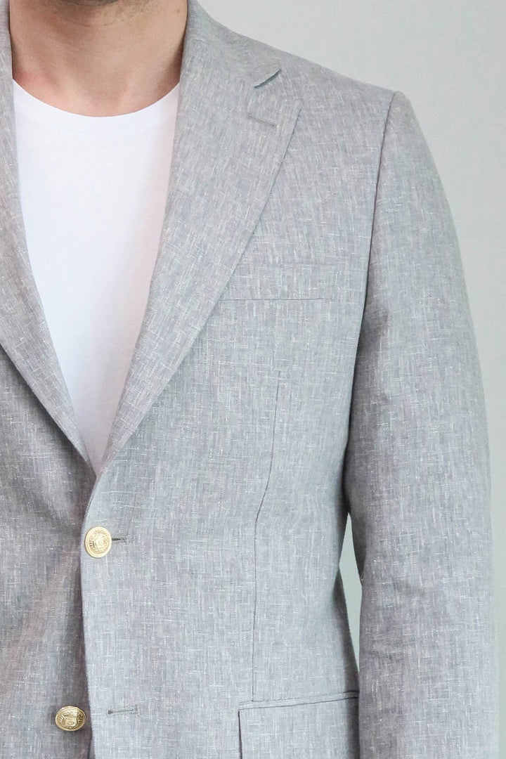 Gri Keten Dokulu Gold Renk Metal Düğmeli Slim Fit Erkek Blazer Ceket - Wessi
