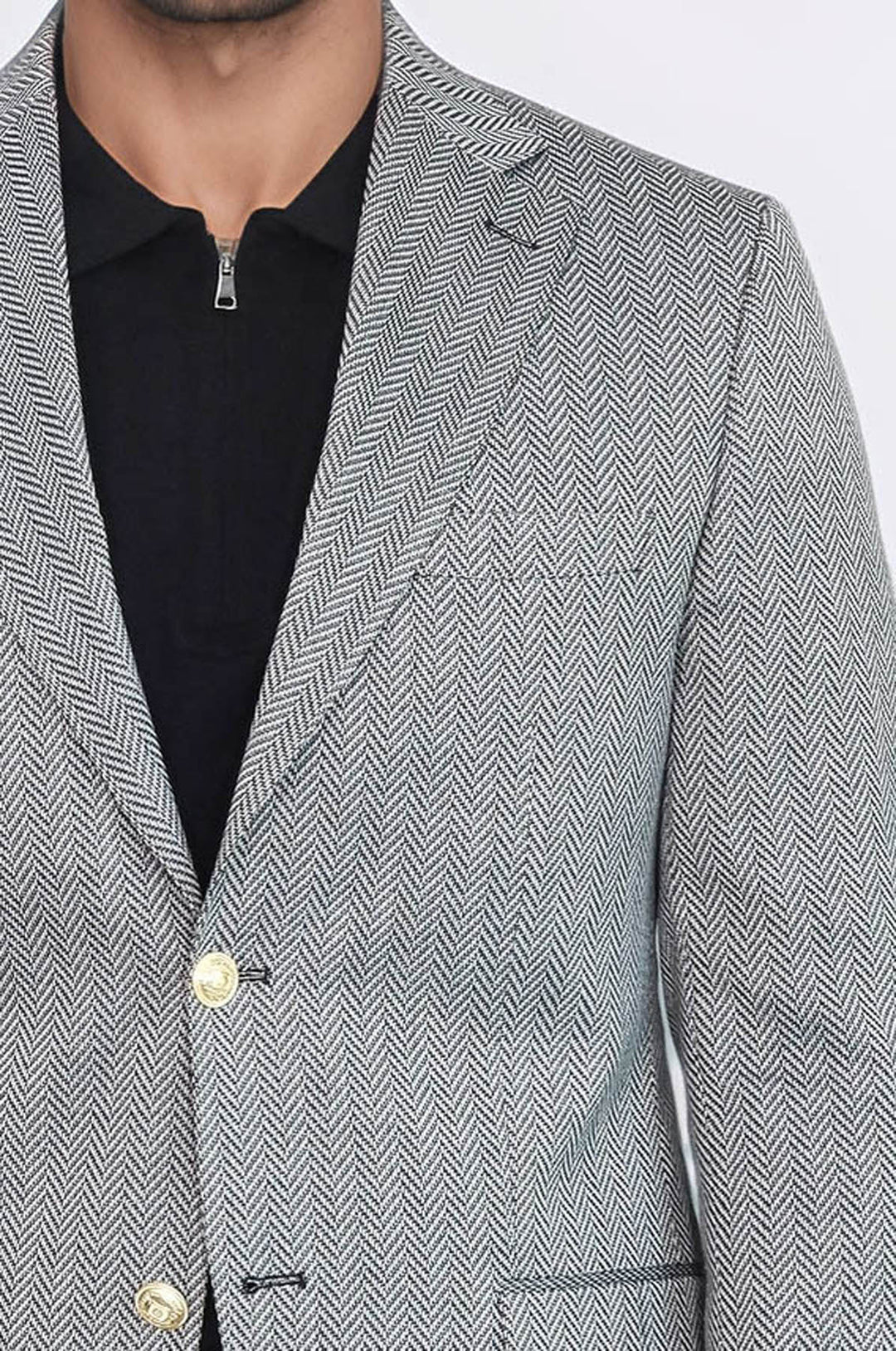 Siyah Balıksırtı Desenli Gold Renk Metal Düğmeli Slim Fit Erkek Blazer Ceket - Wessi