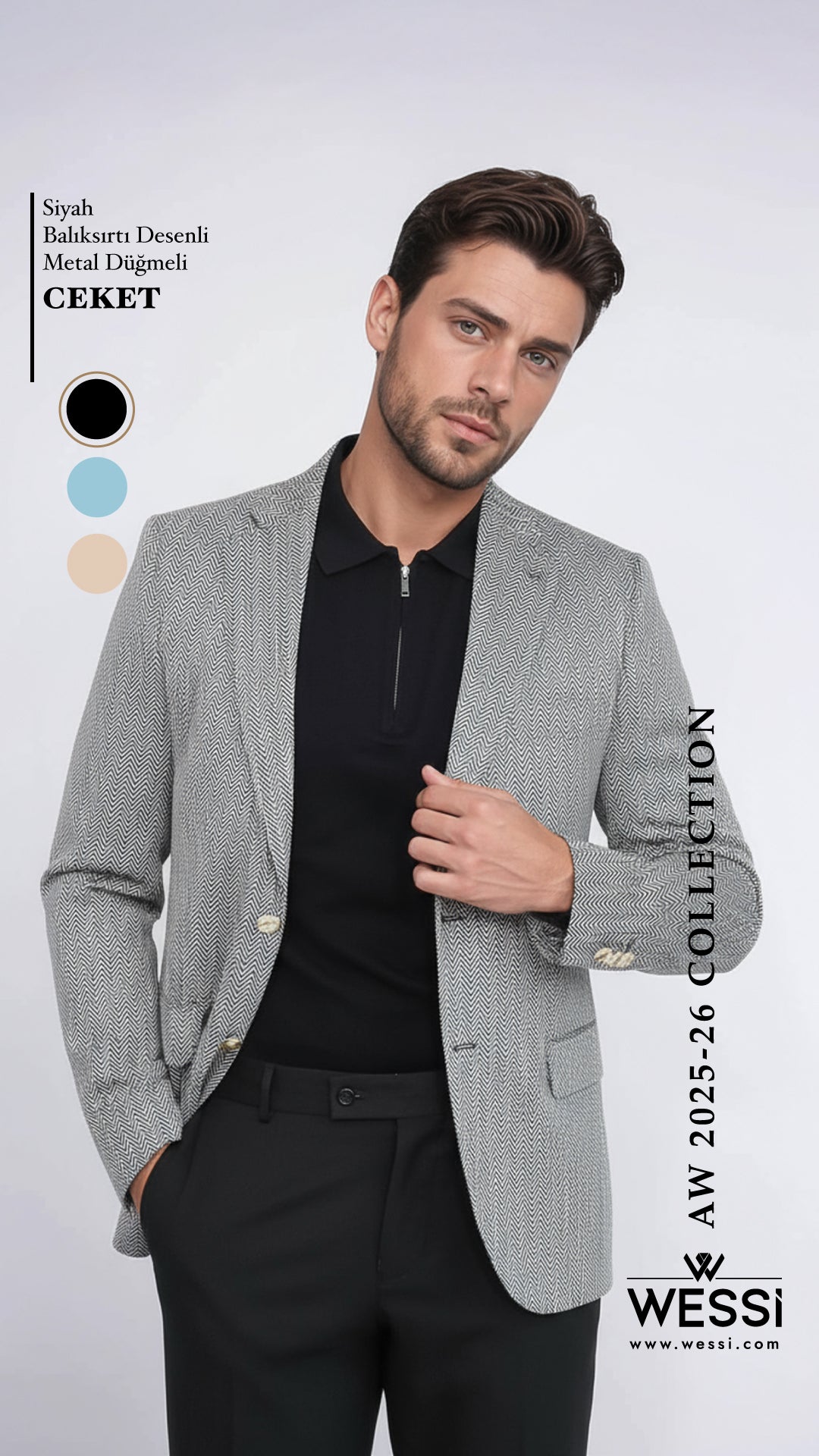 Siyah Balıksırtı Desenli Gold Renk Metal Düğmeli Slim Fit Erkek Blazer Ceket - Wessi