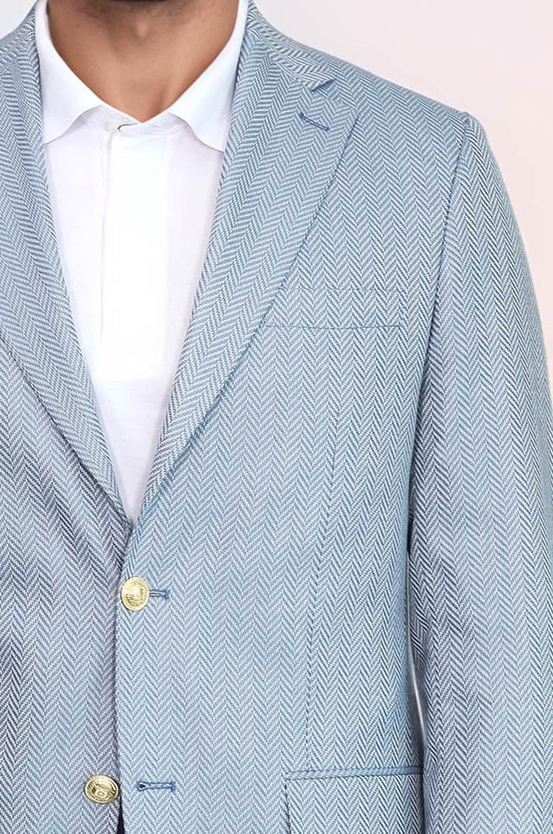 Açık Mavi Balıksırtı Desenli Gold Renk Metal Düğmeli Slim Fit Erkek Blazer Ceket - Wessi