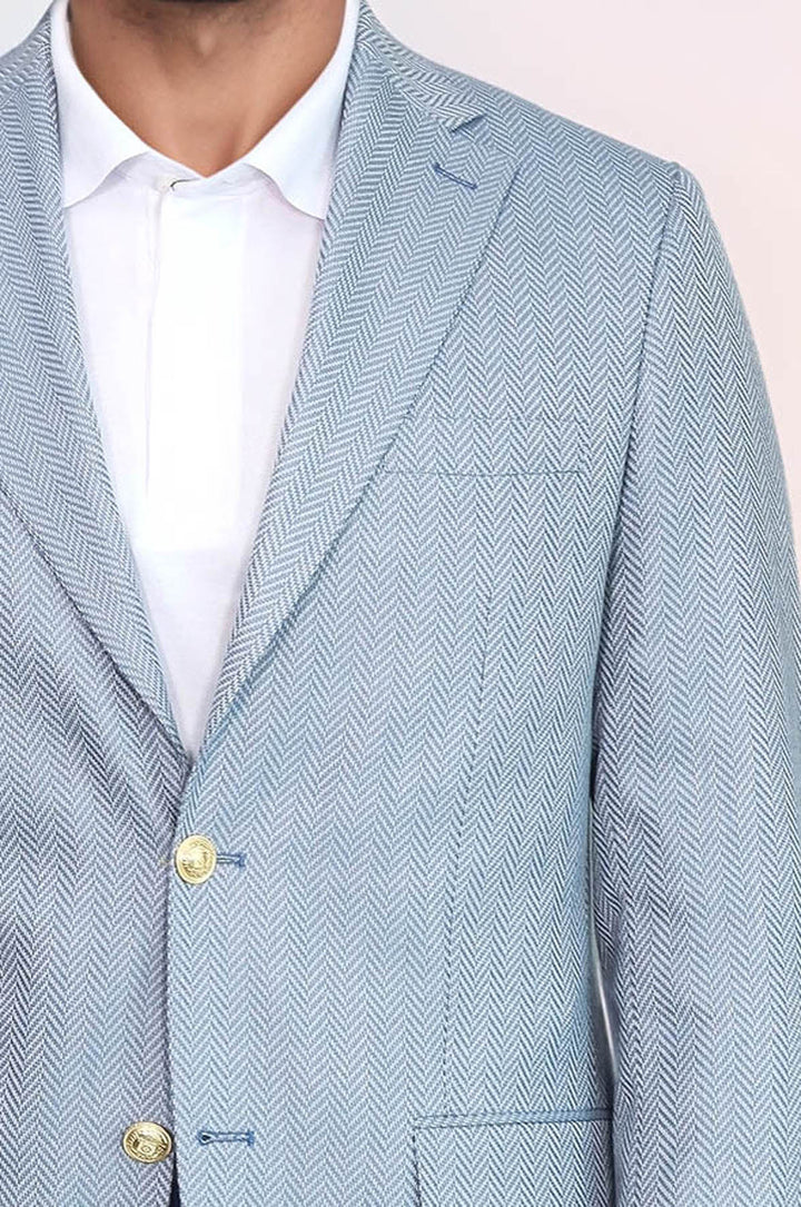 Açık Mavi Balıksırtı Desenli Gold Renk Metal Düğmeli Slim Fit Erkek Blazer Ceket - Wessi