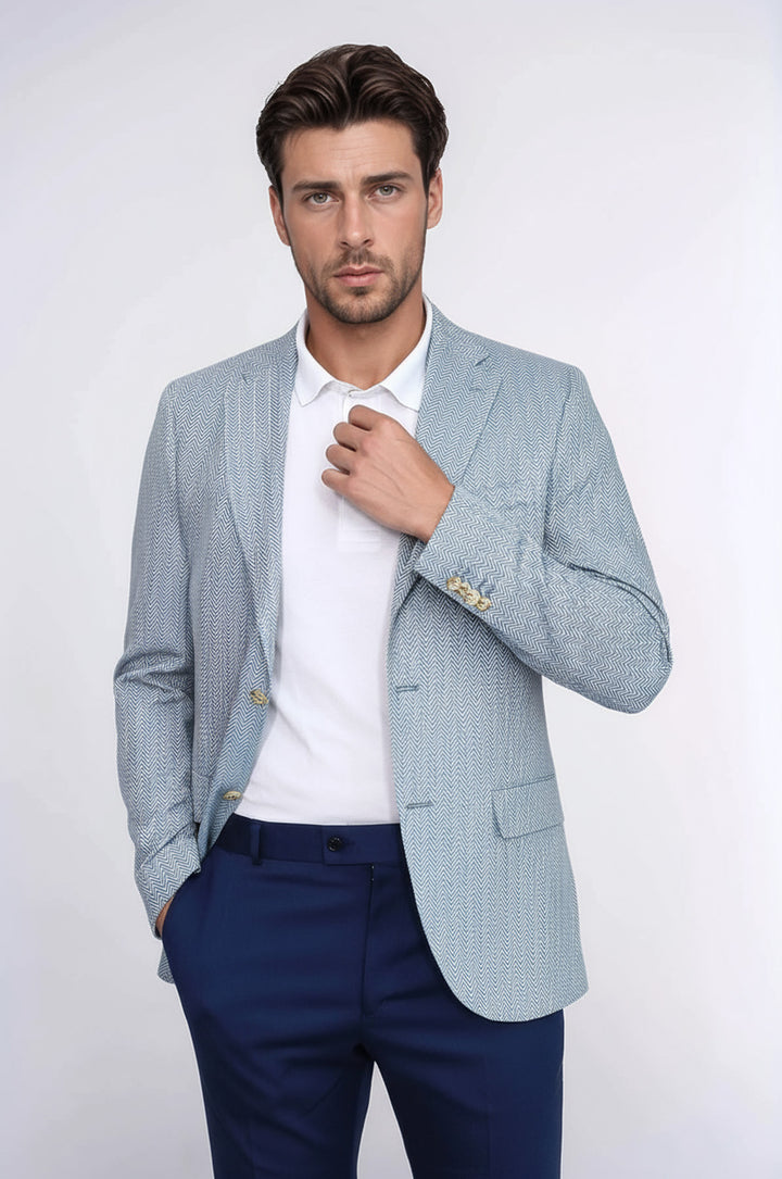 Açık Mavi Balıksırtı Desenli Gold Renk Metal Düğmeli Slim Fit Erkek Blazer Ceket - Wessi