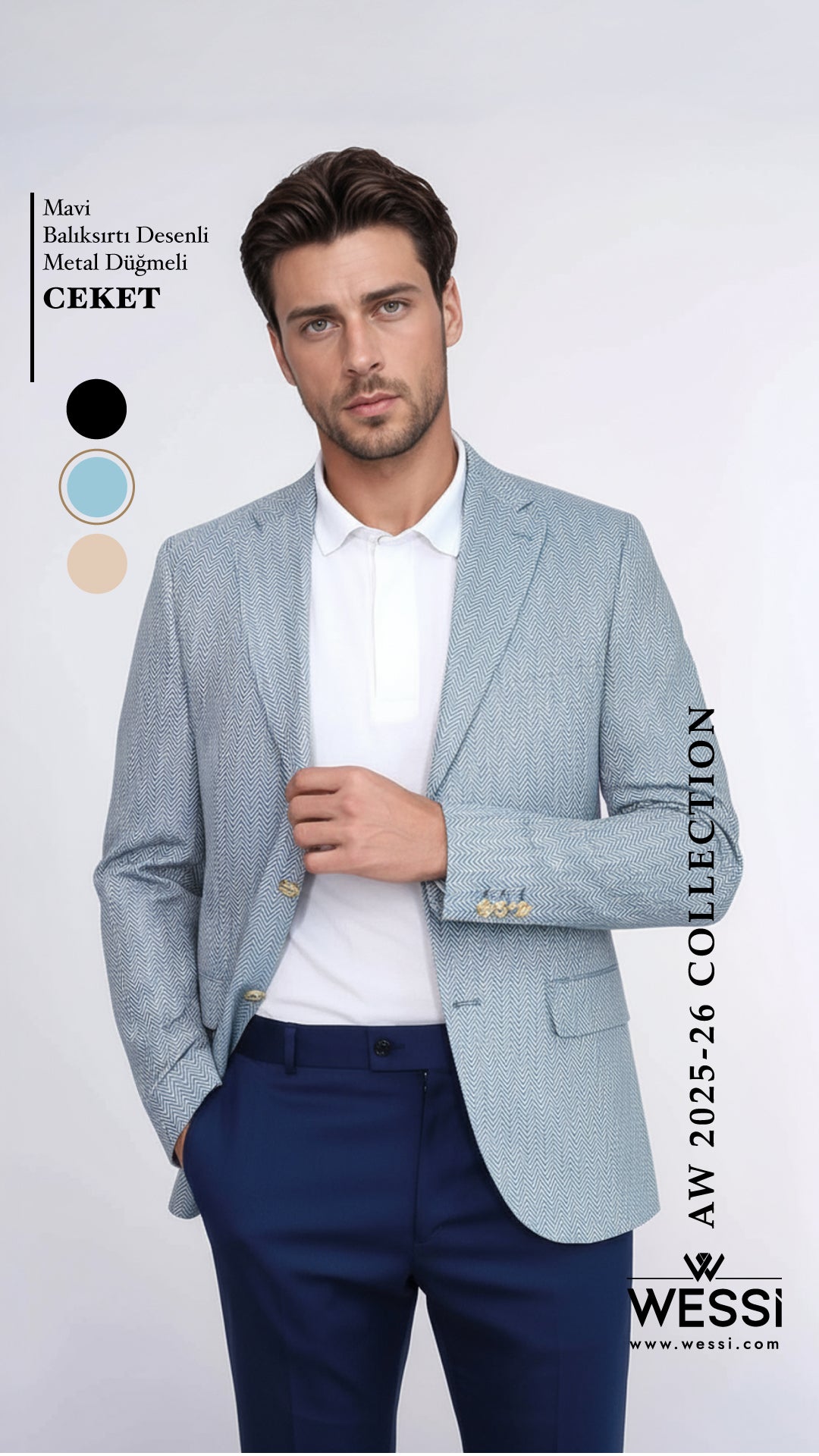 Açık Mavi Balıksırtı Desenli Gold Renk Metal Düğmeli Slim Fit Erkek Blazer Ceket - Wessi