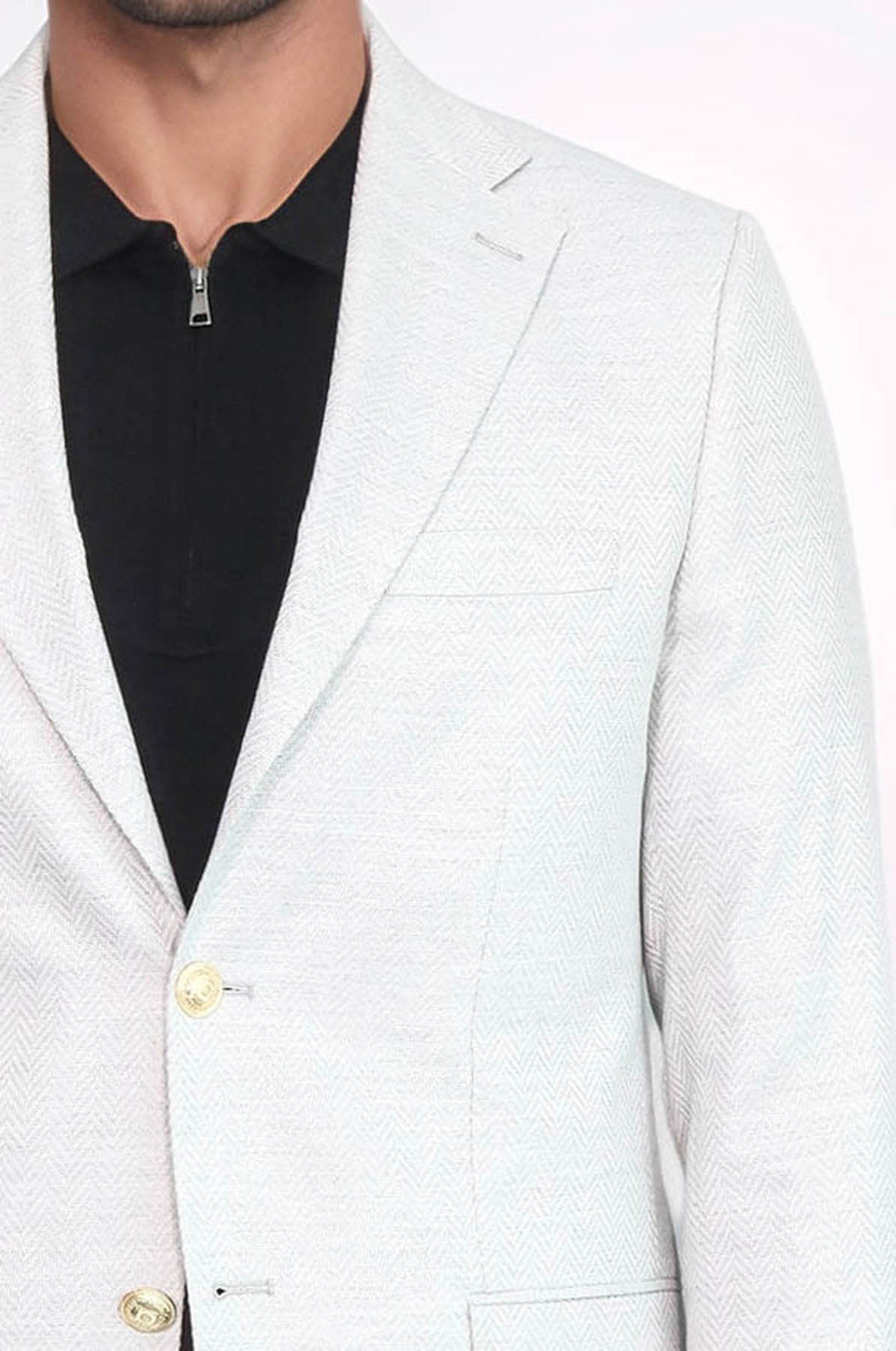 Açık Gri Balıksırtı Desenli Gold Renk Metal  Düğmeli Slim Fit Erkek Blazer Ceket - Wessi