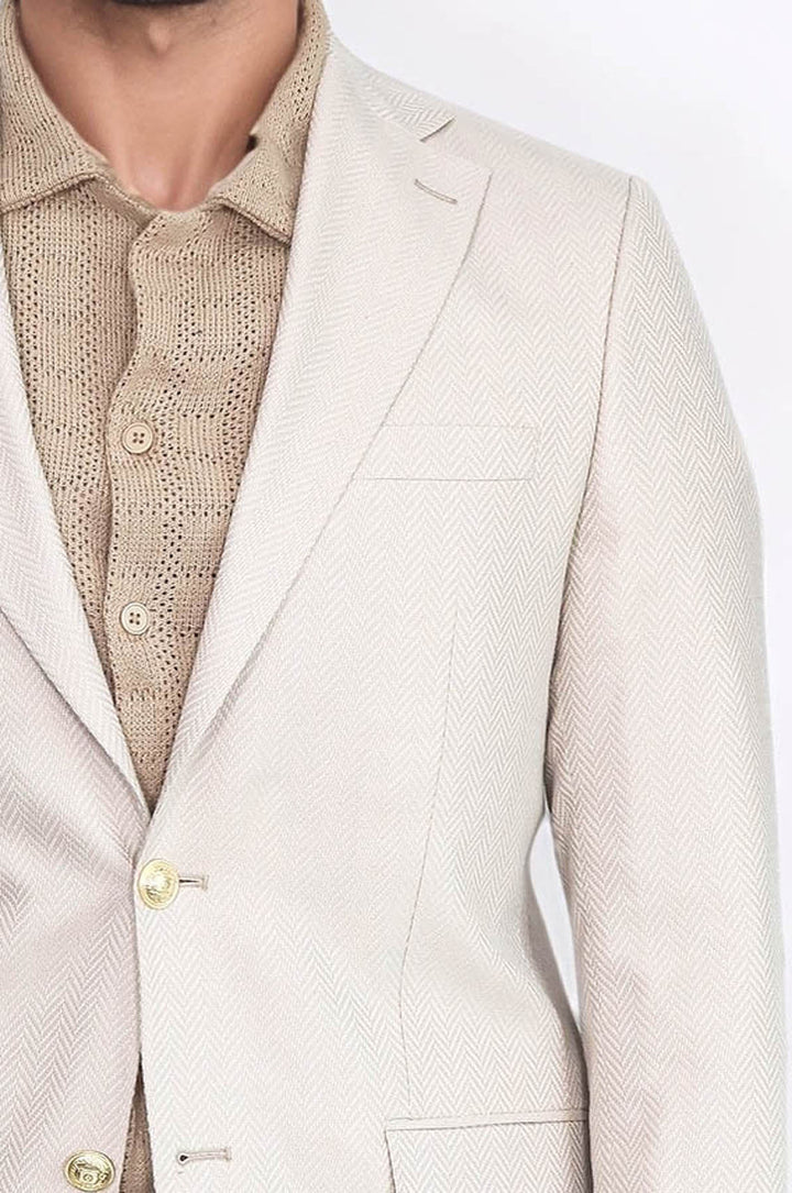 Bej Balıksırtı Desenli Gold Renk Metal Düğmeli Slim Fit Erkek Blazer Ceket - Wessi