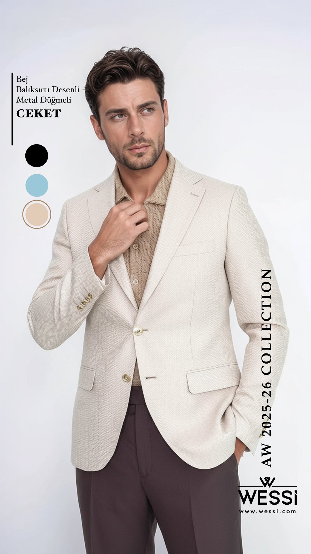 Bej Balıksırtı Desenli Gold Renk Metal Düğmeli Slim Fit Erkek Blazer Ceket - Wessi