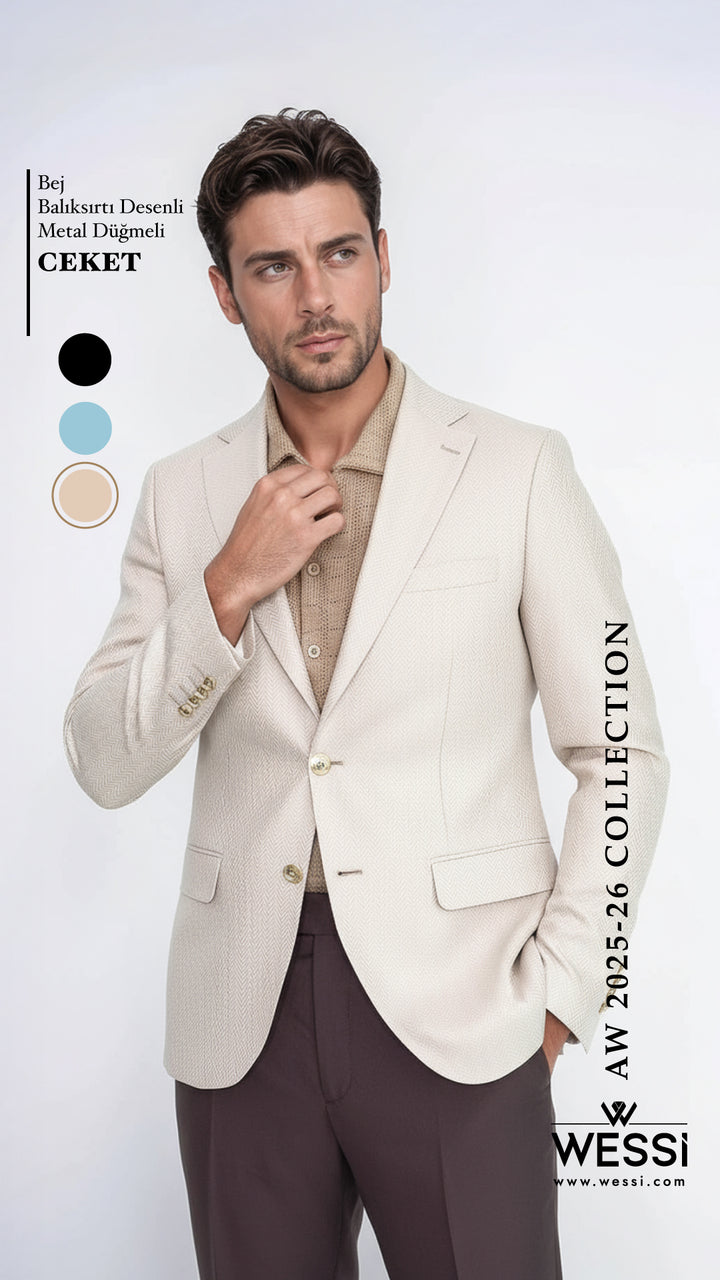 Bej Balıksırtı Desenli Gold Renk Metal Düğmeli Slim Fit Erkek Blazer Ceket - Wessi