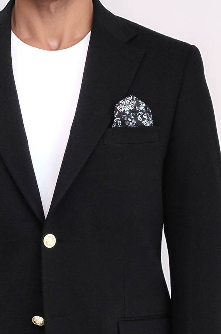 Siyah Kendinden Desenli Örme Altın Renk Metal Düğmeli Slim Fit Erkek Blazer Ceket - Wessi