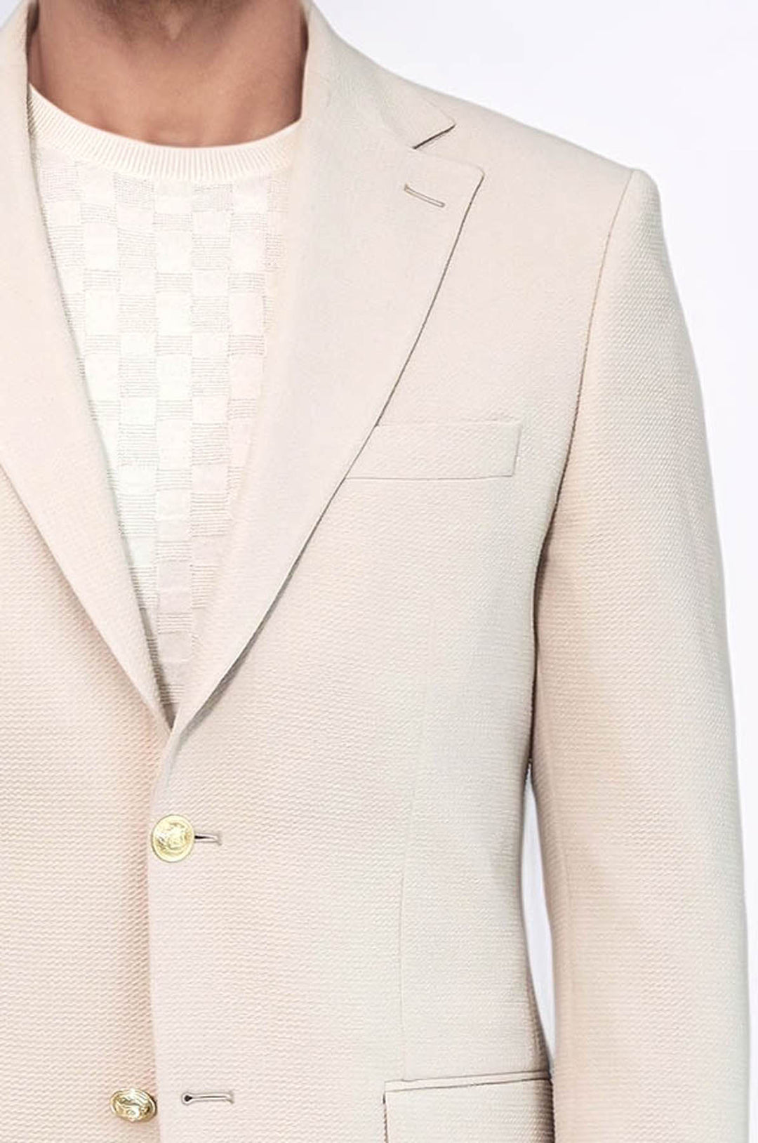 Bej Kendinden Desenli Örme Altın Renk Metal Düğmeli Slim Fit Erkek Blazer Ceket - Wessi