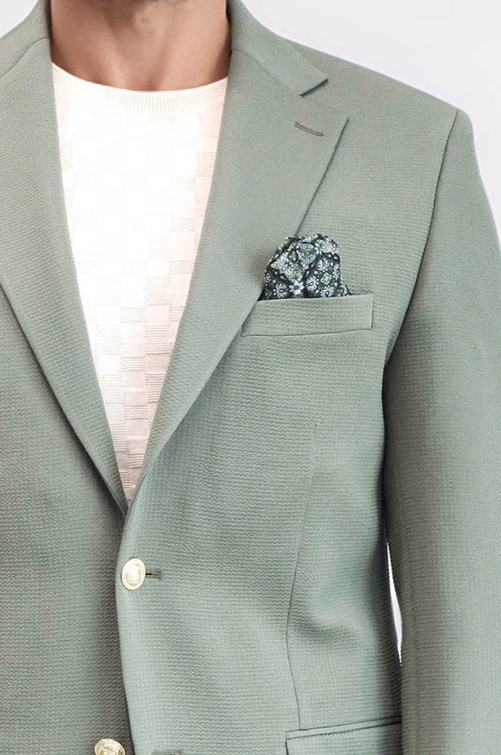 Haki Yeşil Kendinden Desenli Örme Altın Renk Metal Düğmeli Slim Fit Erkek Blazer Ceket - Wessi