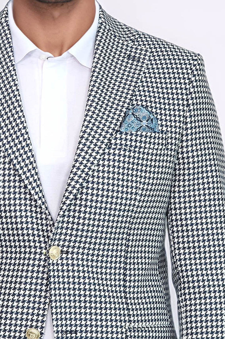 Lacivert Kazayağı Desenli Gold Renk Metal Düğmeli Slim Fit Erkek Blazer Ceket - Wessi