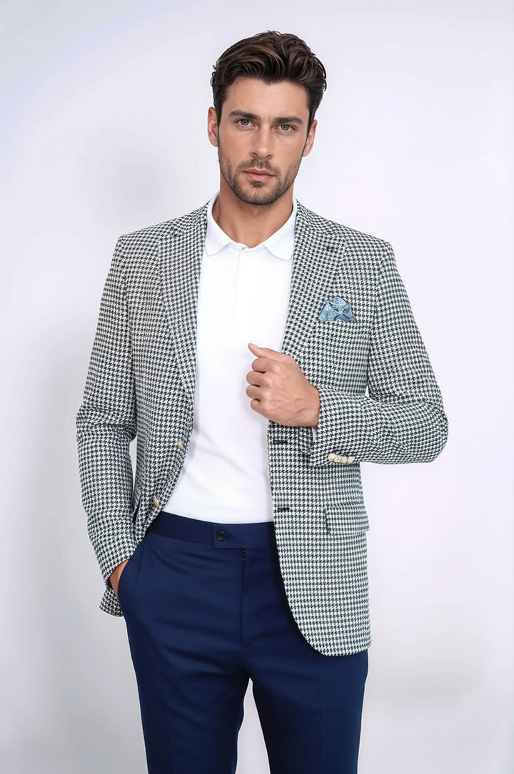 Lacivert Kazayağı Desenli Gold Renk Metal Düğmeli Slim Fit Erkek Blazer Ceket - Wessi