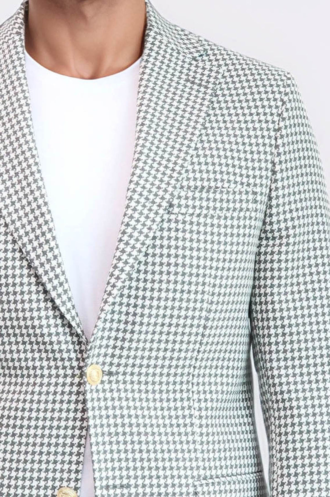 Açık Gri Kazayağı Desenli Gold Renk Metal Düğmeli Slim Fit Erkek Blazer Ceket - Wessi