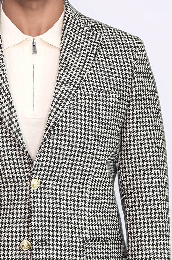 Siyah & Krem Kazayağı Desenli Gold Renk Metal  Düğmeli Slim Fit Erkek Blazer Ceket - Wessi
