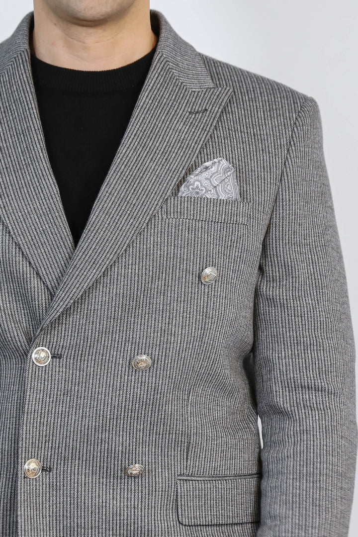 Antrasit Çizgili Blazer, Siyah Triko, Siyah Pantolon Kombini - Wessi - Modern Ofis Şıklığı
