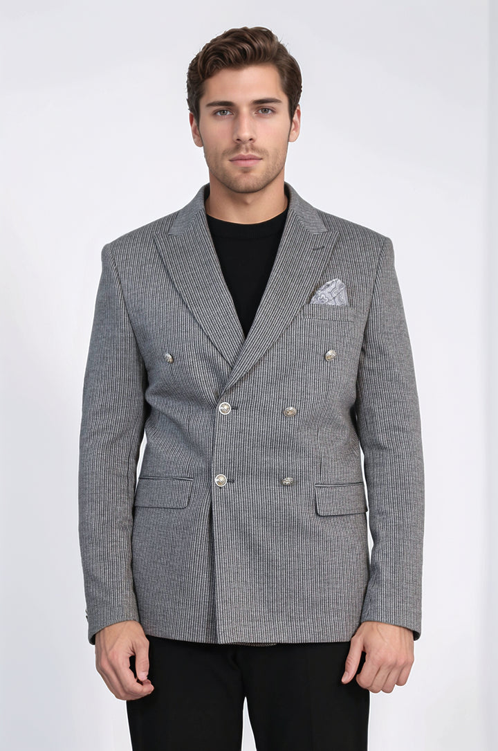 Antrasit Çizgili Blazer, Siyah Triko, Siyah Pantolon Kombini - Wessi - Modern Ofis Şıklığı