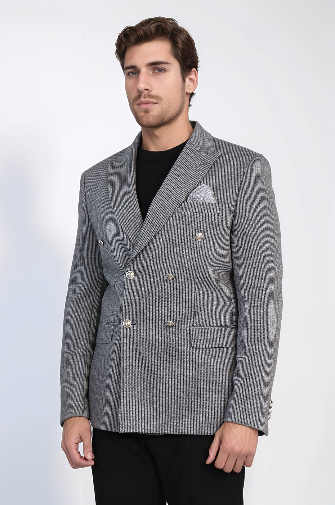 Antrasit Çizgili Blazer, Siyah Triko, Siyah Pantolon Kombini - Wessi - Modern Ofis Şıklığı