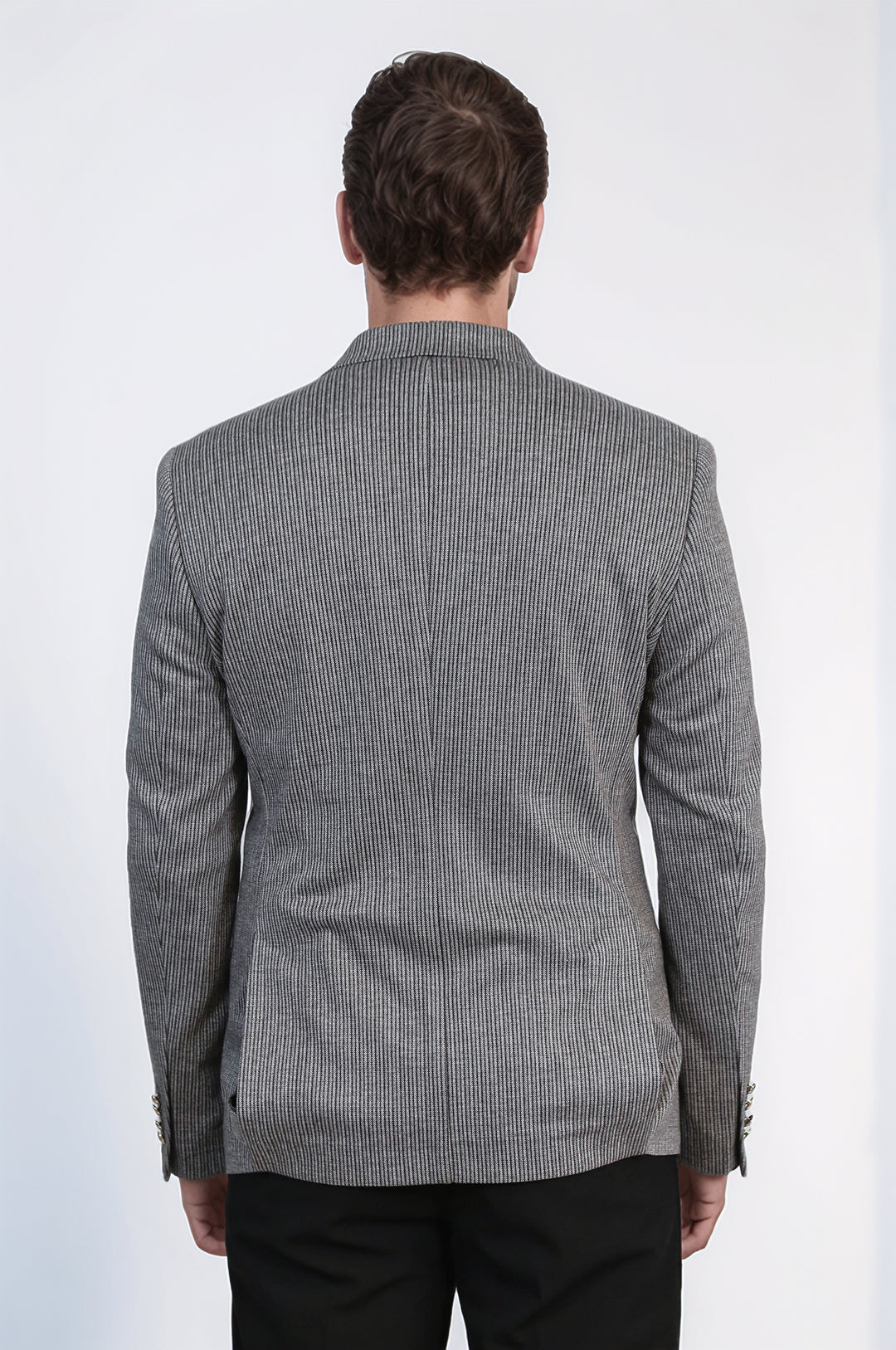 Antrasit Çizgili Blazer, Siyah Triko, Siyah Pantolon Kombini - Wessi - Modern Ofis Şıklığı