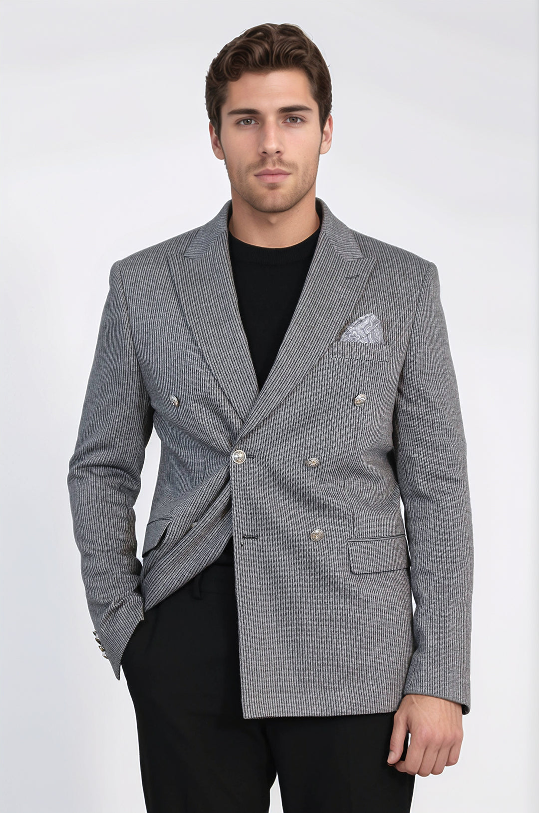 Antrasit Çizgili Blazer, Siyah Triko, Siyah Pantolon Kombini - Wessi - Modern Ofis Şıklığı