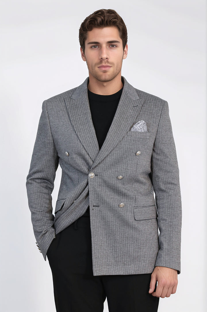 Antrasit Çizgili Blazer, Siyah Triko, Siyah Pantolon Kombini - Wessi - Modern Ofis Şıklığı