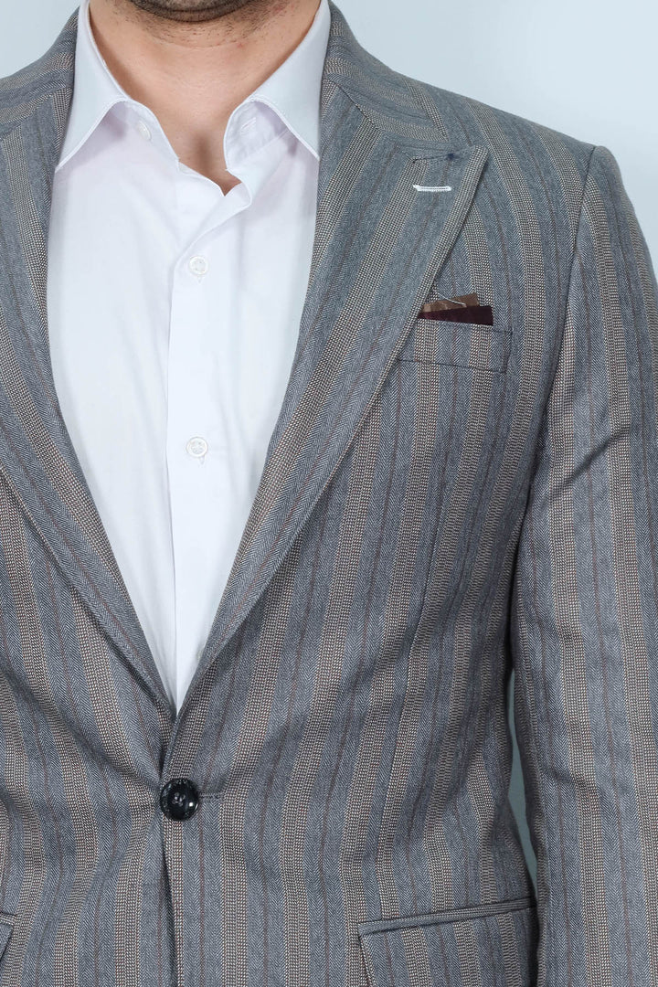 Ekose Çizgili Slim Fit Gri Erkek Ceket - Wessi