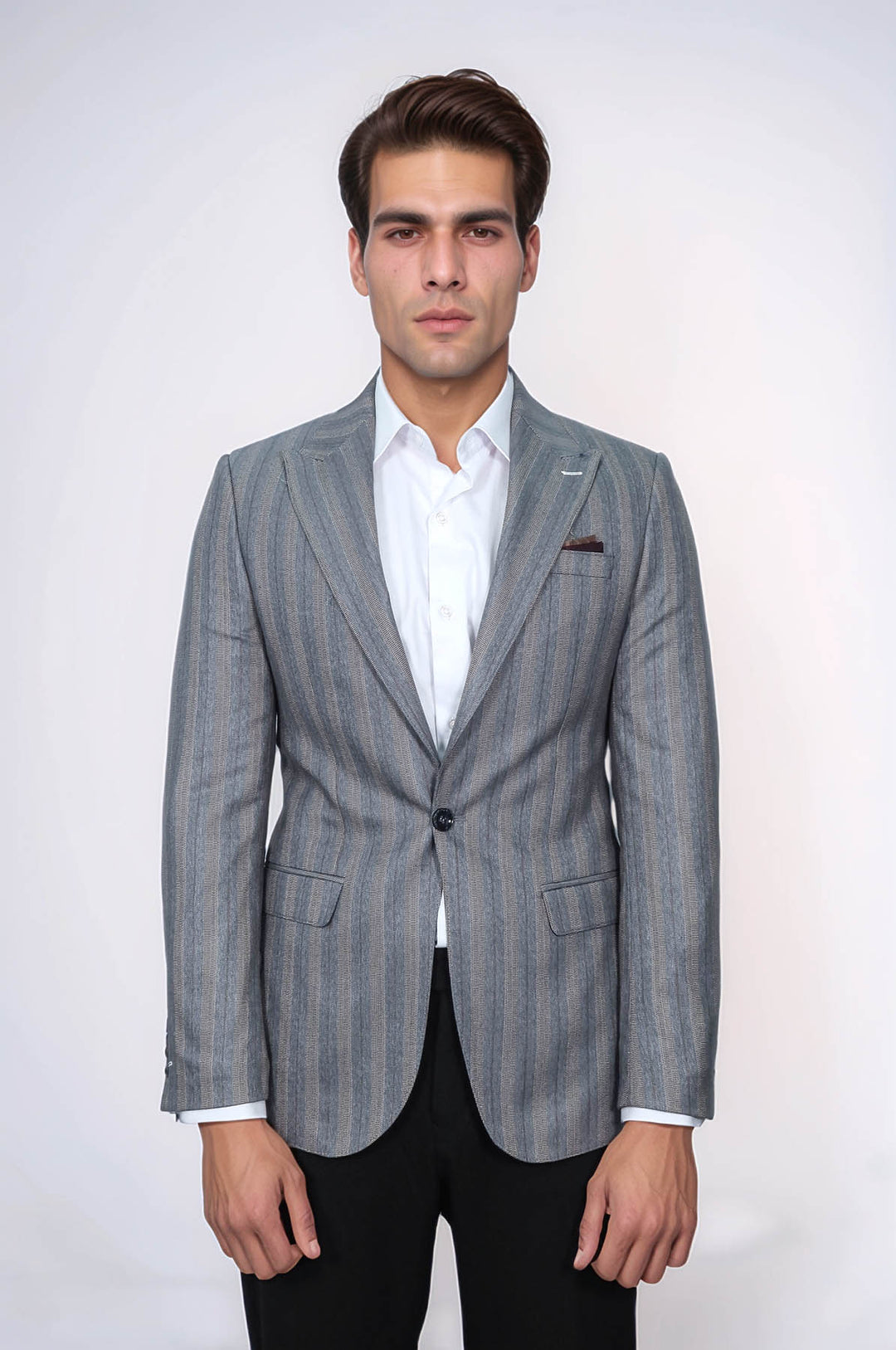 Ekose Çizgili Slim Fit Gri Erkek Ceket - Wessi