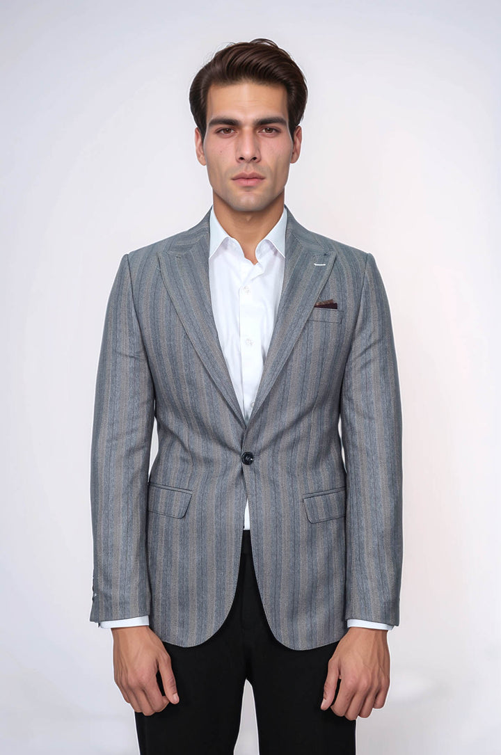 Ekose Çizgili Slim Fit Gri Erkek Ceket - Wessi
