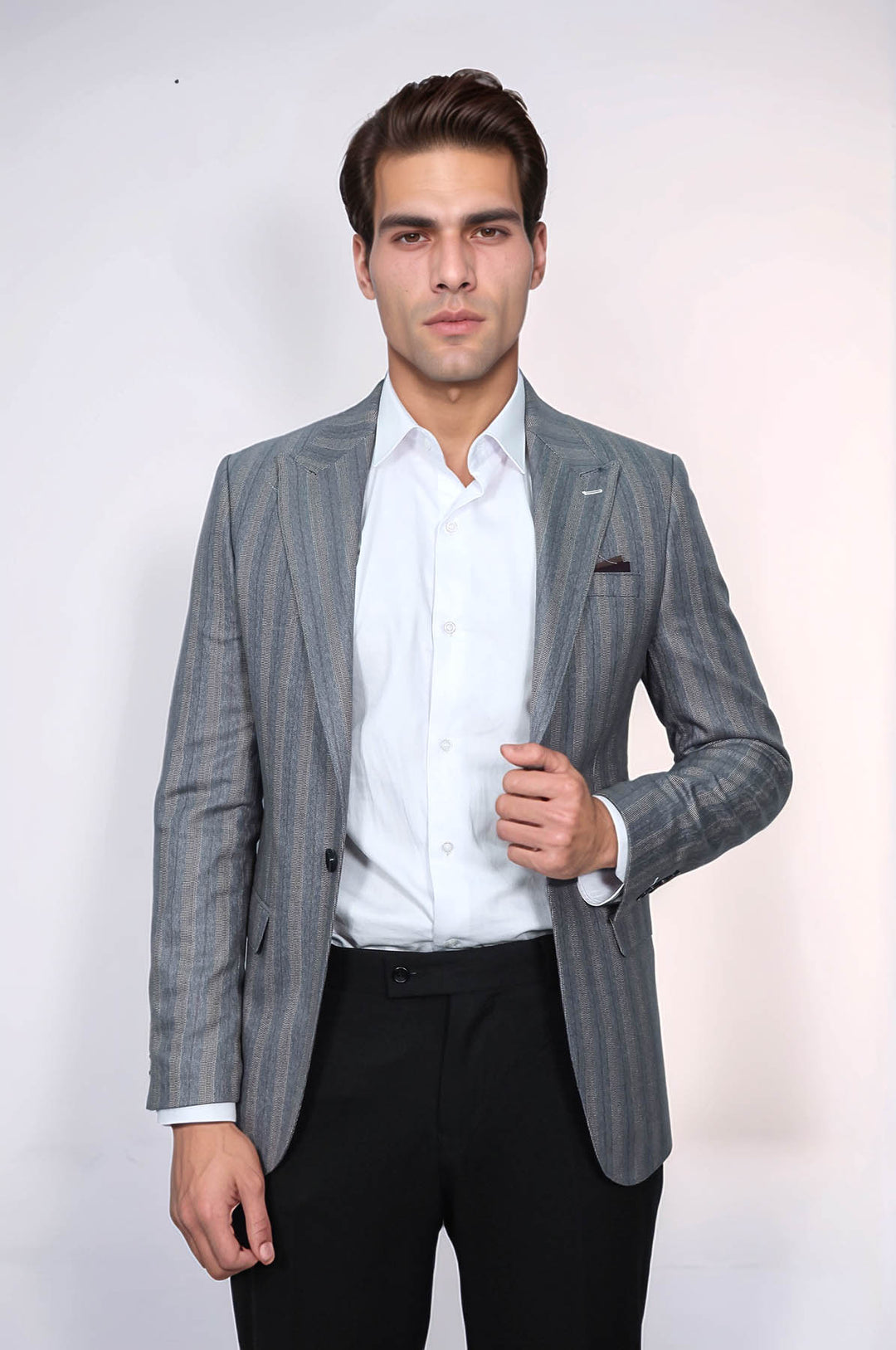 Ekose Çizgili Slim Fit Gri Erkek Ceket - Wessi