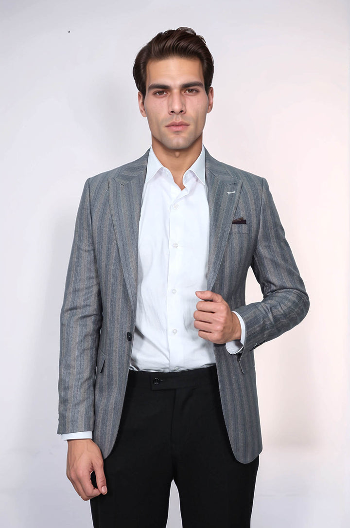 Ekose Çizgili Slim Fit Gri Erkek Ceket - Wessi