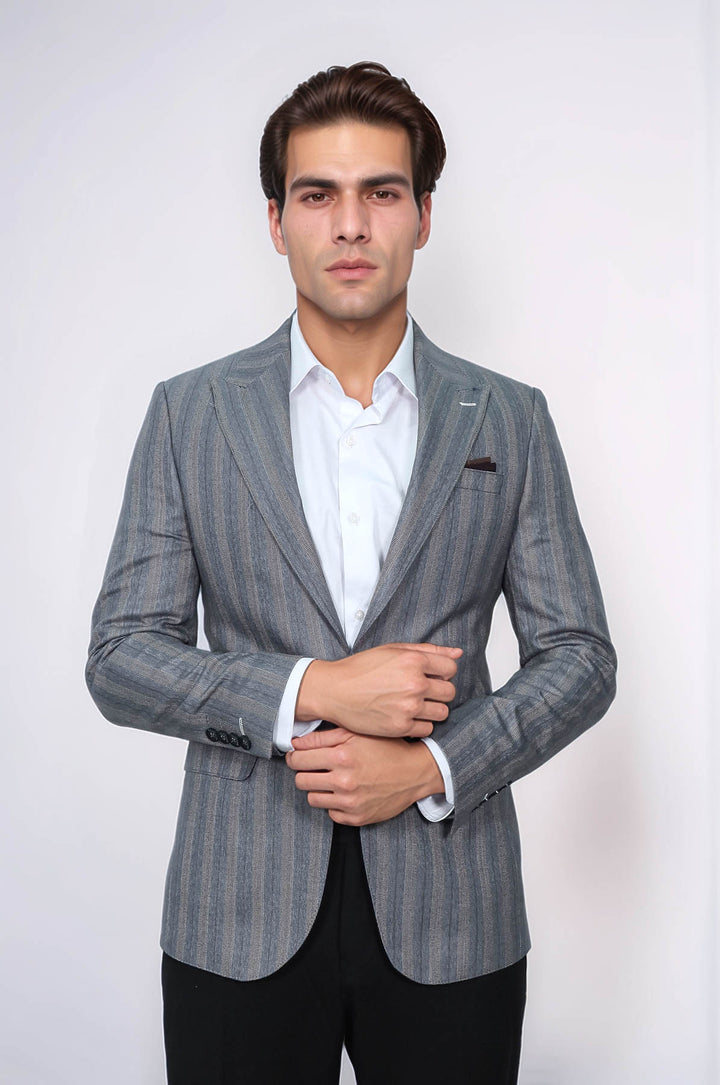 Ekose Çizgili Slim Fit Gri Erkek Ceket - Wessi