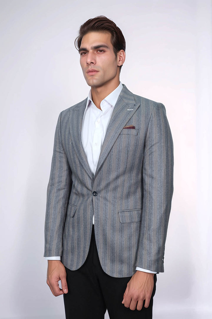 Ekose Çizgili Slim Fit Gri Erkek Ceket - Wessi